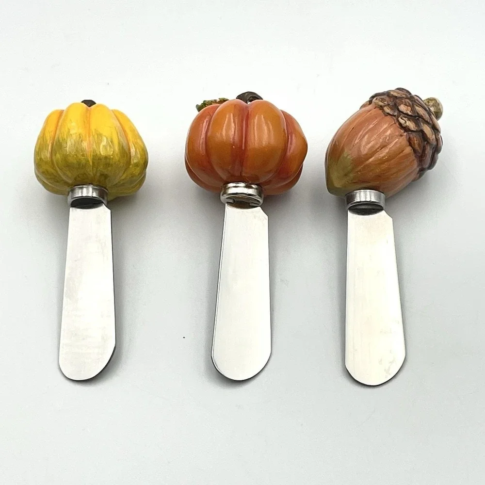 Vintage 2000s Autumn‎ Harvest Cheese Spreaders Sunflower Pumpkin Leaf Acorn Set